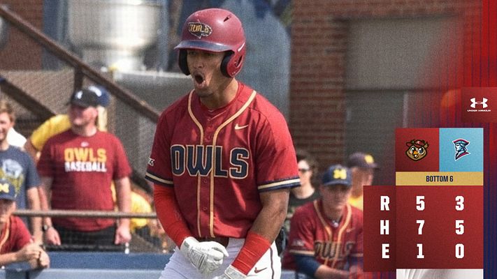 Score template with large baseball player photo on left, fractal glass effect overlay, team logos and score grid on right showing runs, hits, and errors for both teams