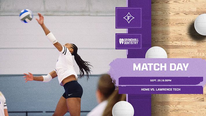 Volleyball match day template featuring a player spiking action photo on left, purple overlay banners on right with large "MATCH DAY" text, date/time, and matchup information. Includes logo placement areas and wood gym background. Available in landscape and portrait formats.