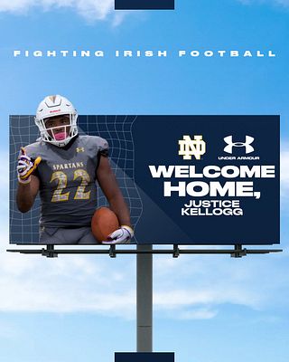 Billboard template featuring a cutout of a student-athlete in football uniform on the left side against a blue sky background, with school branding, 'Welcome Home' text, and player name displayed on the right. Designed for recruiting and signing day graphics in portrait and story formats.