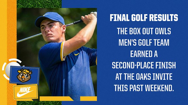 Golf headline template featuring a large player photo on the left, bold text for results on the right, team logo and sponsor at the bottom, vibrant colors.