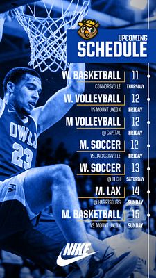 Vertical schedule template for Instagram stories, featuring player photo on the left, event titles and dates in bold text on a blue background, with team logo and sponsor branding.