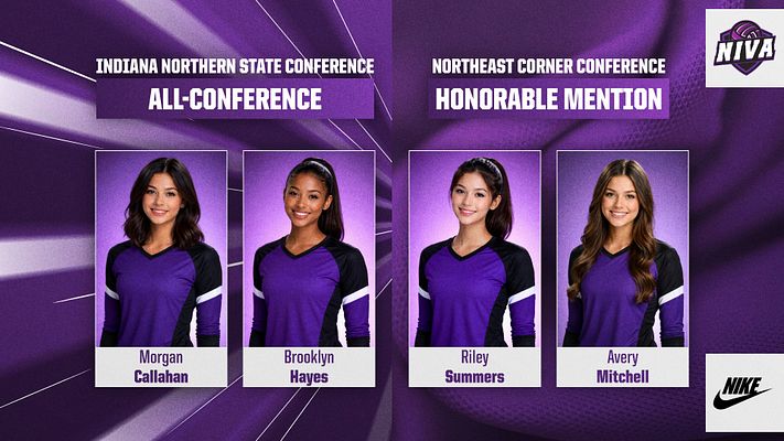 Team highlight template in a purple color scheme featuring four player headshots arranged in two columns, with sections for 'All-Conference' and 'Honorable Mention' labels.