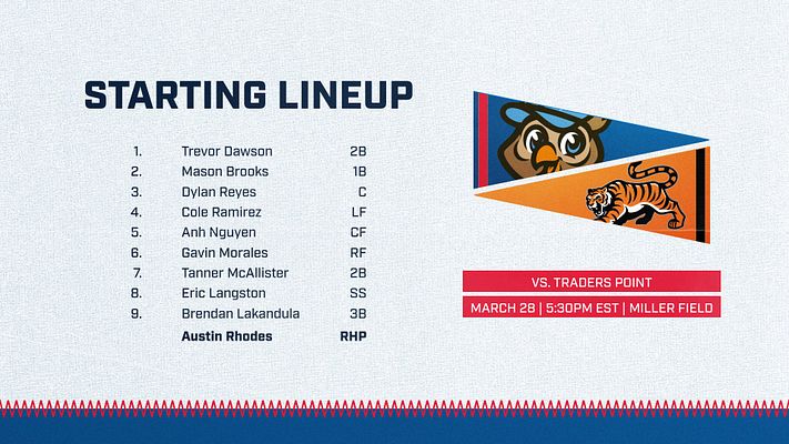 Lineup template with cream textured background, numbered player roster with names and positions on left, team mascot pennant graphic on right, and game details banner showing date, time, and location at bottom