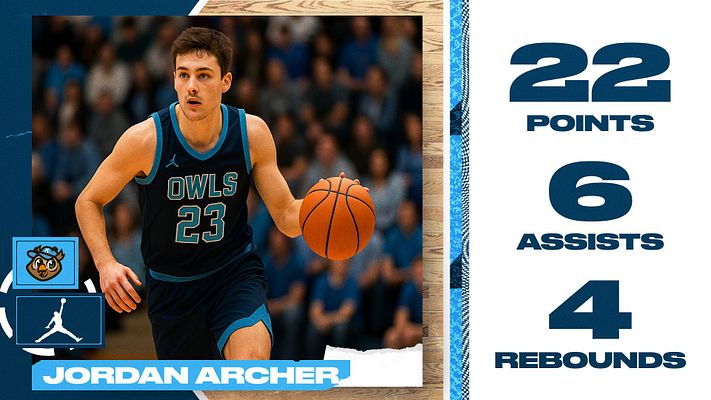 Player spotlight template with large basketball player photo on left, wooden court border frame, and bold navy stat numbers on right displaying points, assists, and rebounds with player name banner at bottom