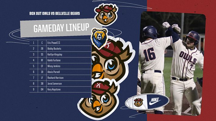 Game day lineup template with split design: left side shows numbered player roster on navy background with gold banner, center features team mascot logo, right side displays player photo placeholders. Includes team branding elements and customizable text areas for multiple social media formats.