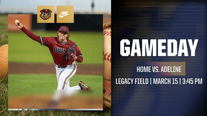 Template featuring player action shot on the left, with team logo and sponsor logo. Text on the right announces game details in bold, layered over a subtle background.