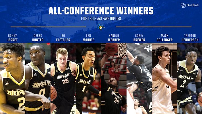 Multi-player spotlight template with deep blue background featuring eight individual player photo sections in a horizontal row. White header text reads "ALL-CONFERENCE WINNERS" with subtitle. Each player section includes a name banner above a photo placeholder. Designed for showcasing multiple athletes on a single landscape graphic.