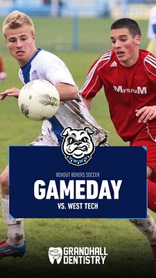 Vertical gameday story template featuring a large blue area for the title 'GAMEDAY', with team logos above and space for a sponsor logo at the bottom.