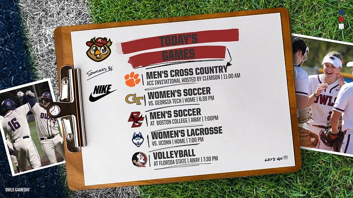 Multi-format gameday schedule template featuring clipboard design with wood frame on grass background. Includes team logos, red banner header, multiple sport event listings with opponent details and times, flanked by player photos. Available in landscape and portrait formats for social media.
