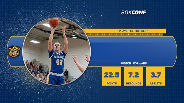 Player spotlight template featuring a circular photo placeholder on the left, athlete's name and title on a blue bar, and stats section with points, rebounds, and assists on the right.