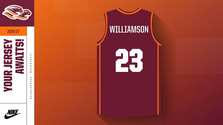Jersey number reveal template featuring a maroon basketball jersey with 'WILLIAMSON' and the number '23'. Bold text reads 'YOUR JERSEY AWAITS!' with a vibrant orange background.