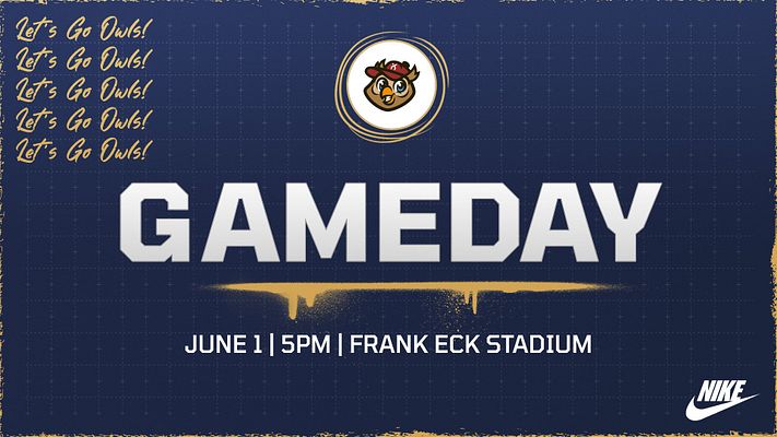 Game day headline template with dark navy background, gold accents, and scribble design elements. Features team logo in circular frame, large white "GAMEDAY" text with gold underline, repeating team tagline on left, and event details area. Multi-format template for social media and game day promotion.