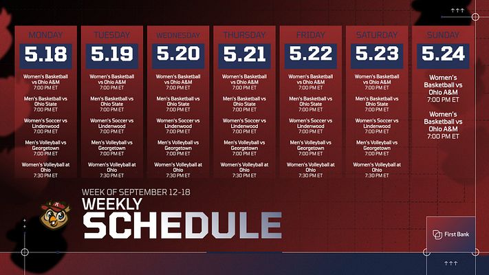 Weekly schedule template in a grid layout with dark blue background, days of the week listed vertically, game details below, and team logo in the bottom right.