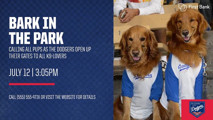 Game promo template with dark blue textured background, large white headline text on left side, date and time details, call-to-action at bottom, and full-width photo area on right showing dogs in team uniforms with sponsor logo in top right corner