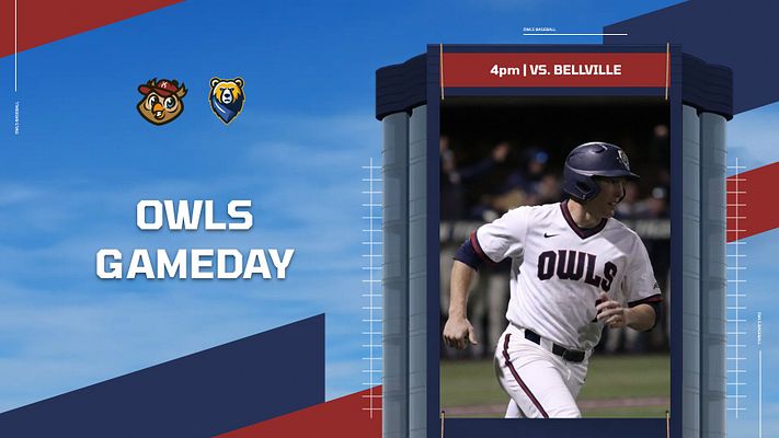 Landscape template featuring a bold blue and red layout, player action photo on right, game time and opponent info at top, and 'Owls Gameday' prominently displayed.
