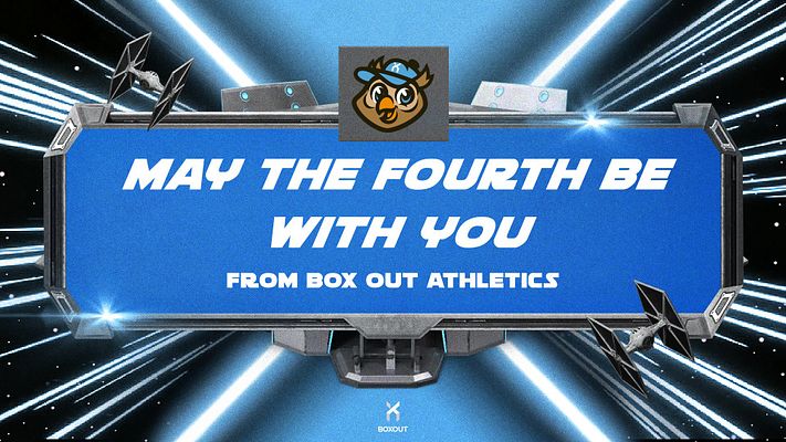 Futuristic May the Fourth template with a dark cosmic background, large blue text area for the message, logo placeholder at the top, and starship graphics for a festive feel.