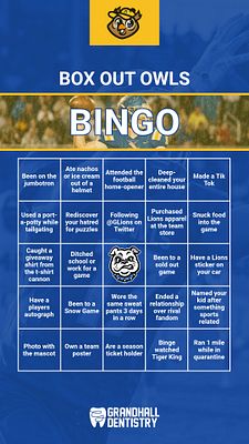 Sports bingo Instagram story template with dark blue background, team logo at top, white "BINGO" header, and 5x5 grid of bingo squares containing fan engagement prompts and activities. Includes branded footer with dental practice logo.
