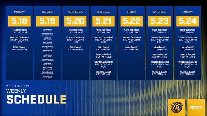 Weekly schedule template with seven day columns showing dates and events in blue cards with gold accents. Large "WEEKLY SCHEDULE" text on dark blue fractal glass background with team logo and branding space in bottom right corner.