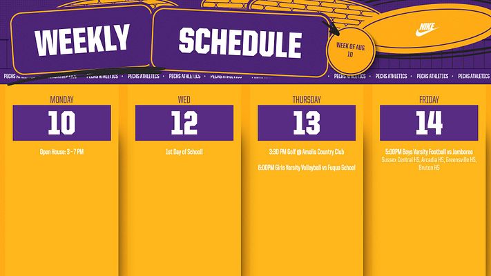 Weekly schedule template with a blue background, featuring a grid for each day of the week, highlighted event titles, and space for game times and teams.