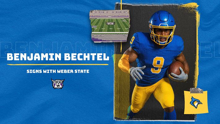 Signing Day template featuring bold blue background, player name in large white text, photo area with player in a jersey, and space for college logo and additional text.