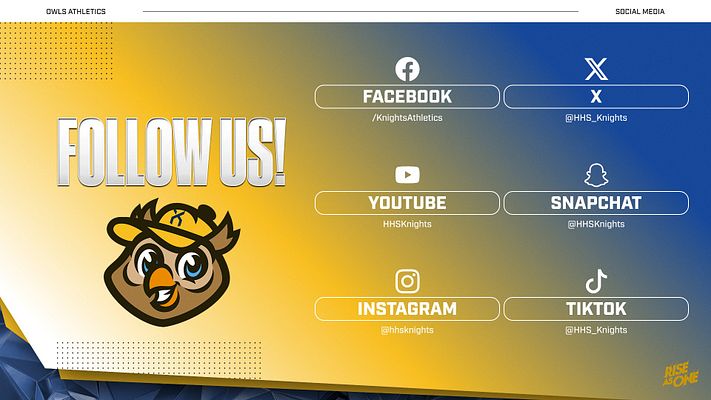 Social media follow template with gradient gold-to-purple background, bold "FOLLOW US!" text on left, team logo, and organized icons with buttons for Facebook, X, YouTube, Snapchat, Instagram, and TikTok with handle placeholders. Available in landscape and vertical formats.