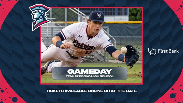 Gameday template with paint splatter design featuring navy and red colors, large photo area with red border, team logo in top left, sponsor logo in top right, game time text overlay, and headline text at bottom for ticket information. Multiple formats available for social media.