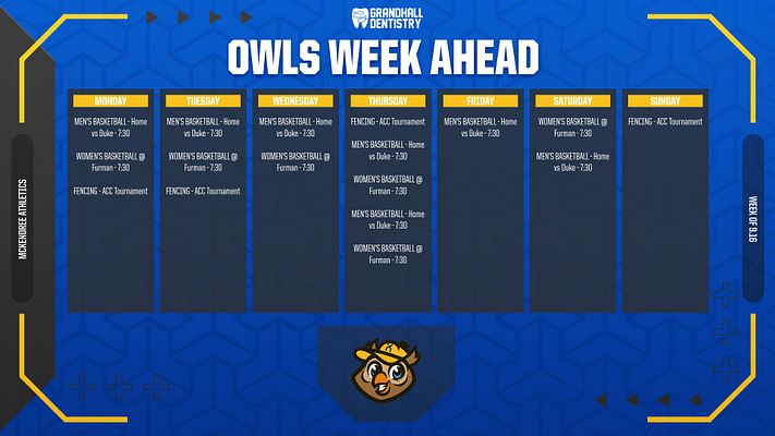 Week ahead sports schedule template with a blue background, seven columns for each day, event listings, and logo at the bottom. Designed for multi-format use on social media.