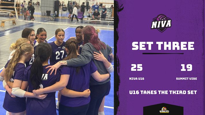 Club score template with landscape layout featuring large team photo on left side and purple right panel displaying set scores, team names, and match outcome text with logo placeholder at bottom