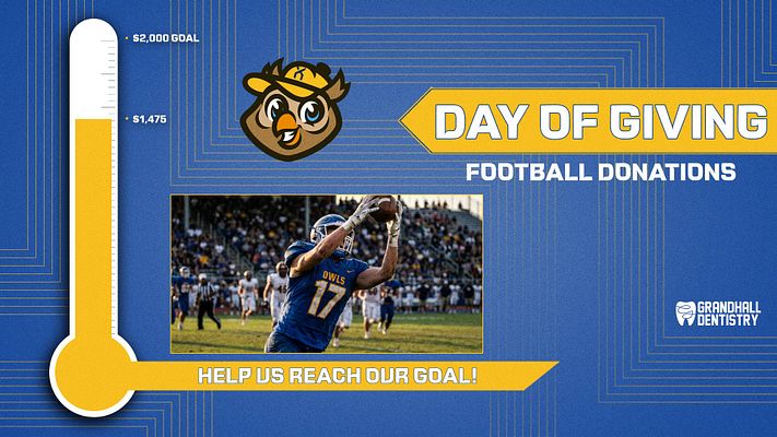 Fundraiser template featuring a thermometer progress tracker on left side, large "Day of Giving" headline in yellow, photo area for team/event image, and goal metrics. Dark blue background with geometric line pattern and yellow accents for sports donation campaigns.