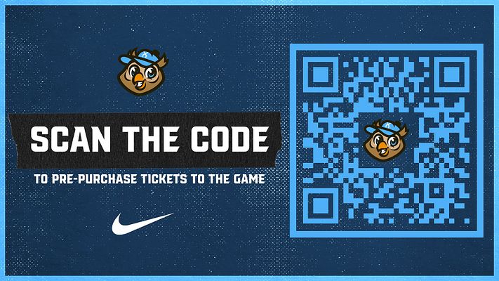 QR code template with dark blue and halftone background, large branded QR code on right with bright blue border and logo in center, left side features white text reading 'SCAN THE CODE' and call-to-action below, branded mascot logo and Nike swoosh visible, designed for multiple formats