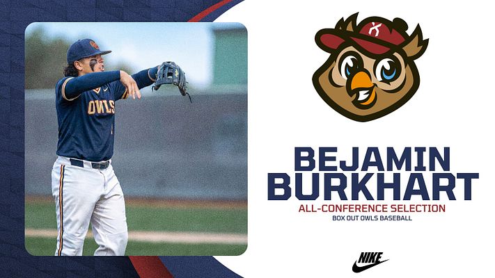 Announcement template featuring a left photo area with an athlete, a large text area for the name and title on the right, with an owl mascot logo and Nike branding at the bottom.