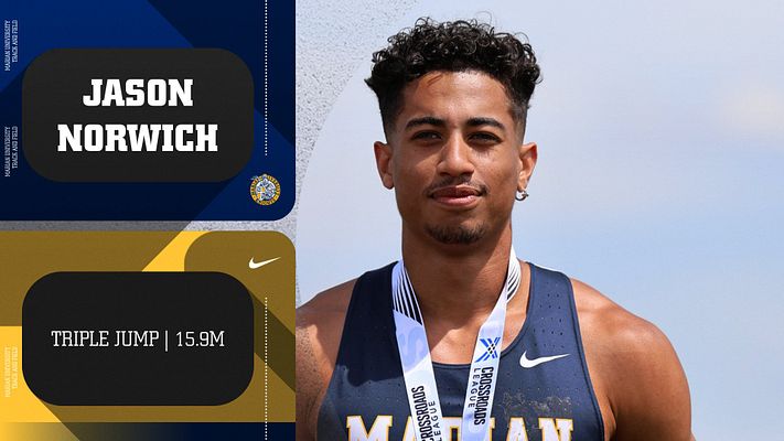Minimalistic track and cross country template with dark blue and gold color scheme, featuring athlete headshot on right, rounded black text boxes for athlete name and event statistics on left, school logo accent, and Nike branding