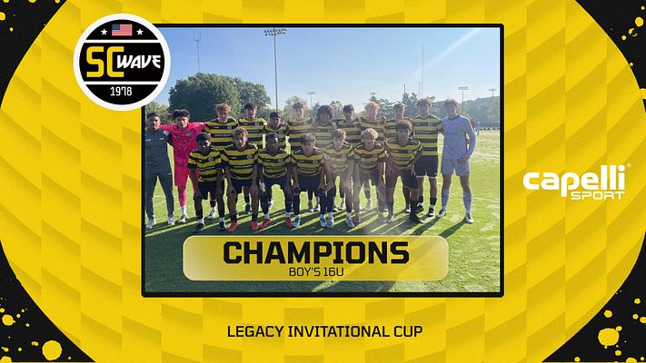 Club headline template with bold yellow and black geometric background, featuring team photo area with Champions banner, logo placement on left, sponsor logo on right, and event title text below. Designed for social media and club sports promotions.