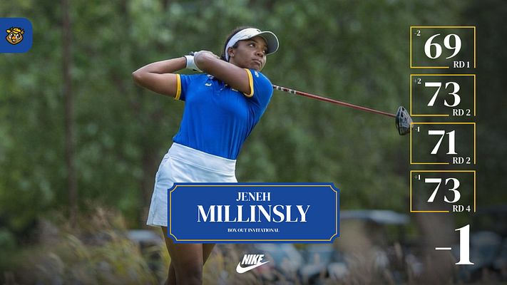 Golf score template featuring a large player photo on the left, dark blue name banner with statistics and round scores on the right, clean layout for social media.