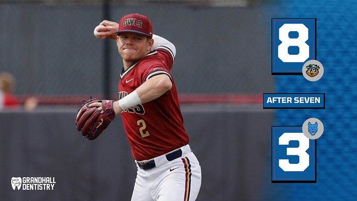 Baseball score template with a dynamic player photo on the left, score displayed prominently on the right, and a blue and white color scheme for team branding.