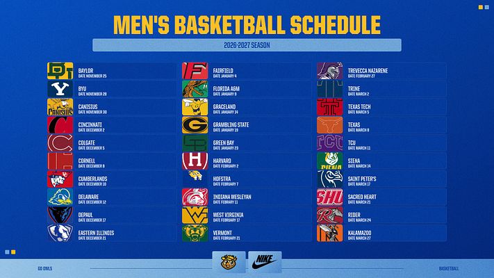 Basketball schedule template with bright blue background, gold title text, and three columns displaying team logos with names and game numbers. Available in landscape and portrait formats for multiple social media platforms.