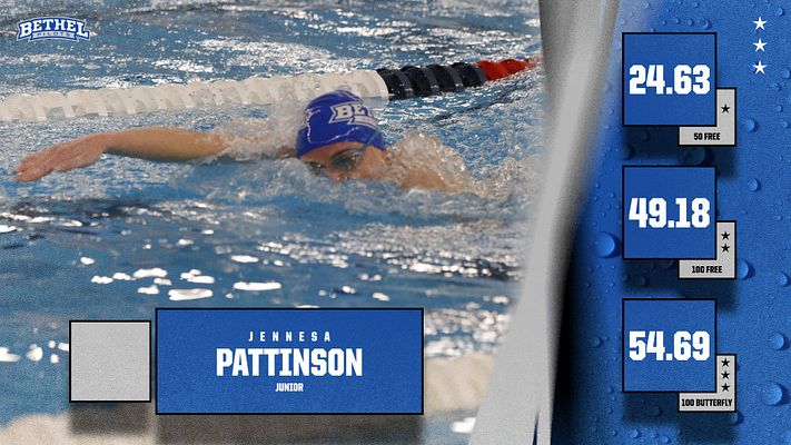Player stats template with a swimmer photo on the left, athlete name and title in blue box, performance stats listed on the right in individual boxes, featuring a blue color scheme.