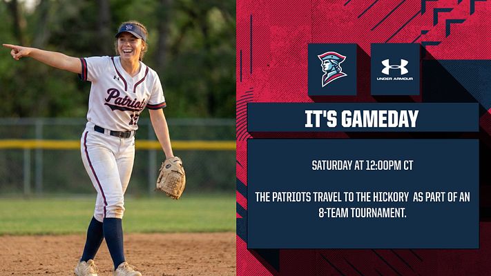Gameday template with a split layout; left features an athlete photo and the right has bold text for game details, logos, and a red and navy color scheme for emphasis.