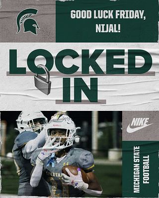 Recruiting template with "LOCKED IN" text overlaid with a lock graphic, school logo in top corner, personalized greeting, large player photo, and team branding area. Designed for game day commitment graphics.