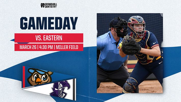 Gameday template with textured beige background, bold blue 'GAMEDAY' title, player photo on right, team logos on left, and game details below in red banner.