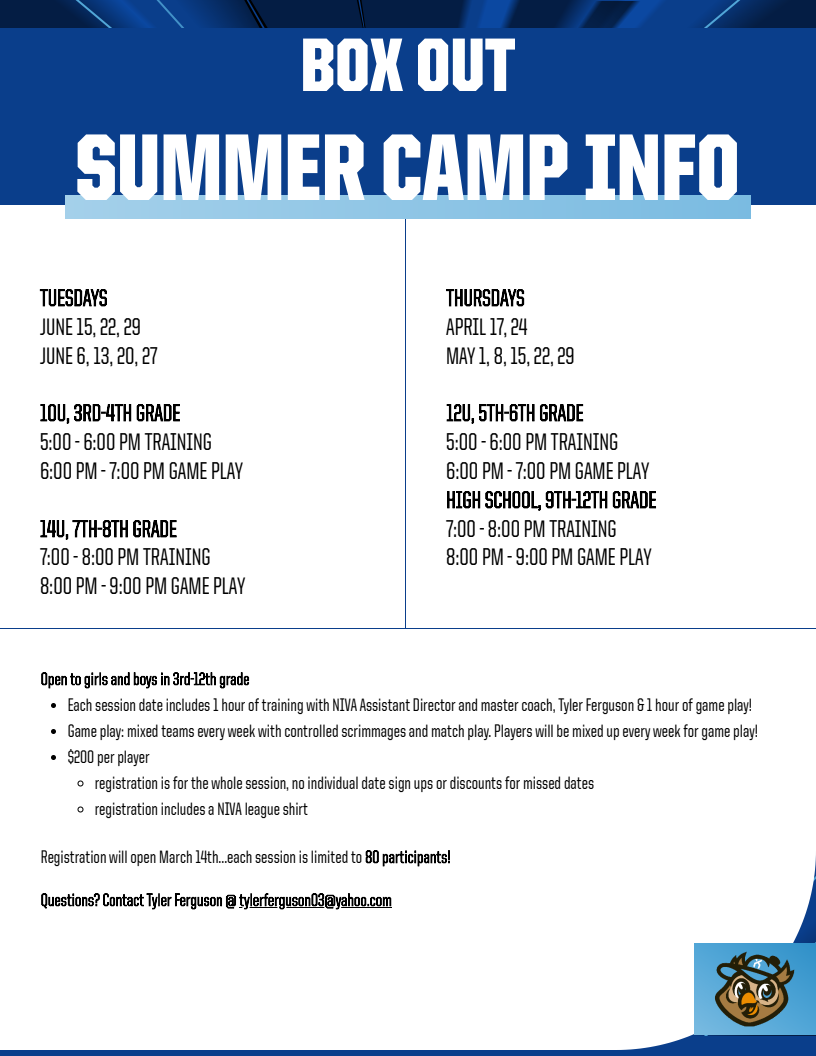 Information sheet template with portrait layout, featuring bold NIVA logo at top, schedule section for training and game times, and registration details in clear, organized text.