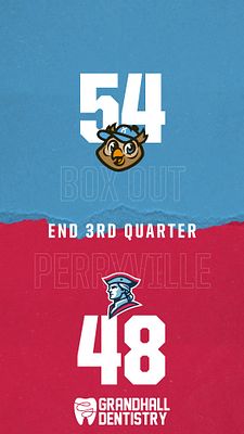 Score update template with torn paper effect dividing blue and red sections. Large white numbers display scores (54 and 48), with team logos and "END 3RD QUARTER" text between sections. Designed for Instagram Stories.