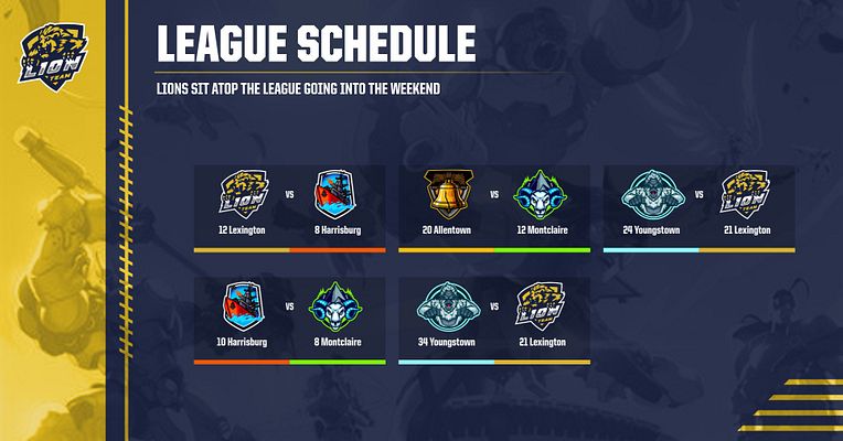 Conference schedule template in landscape layout featuring team matchups, team logos, and ranking numbers, with a blue and yellow color scheme.