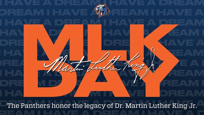 MLK Day template featuring bold 'MLK DAY' text in orange against a deep blue background, with a signature style font for 'Martin Luther King Jr.' and a message honoring his legacy.