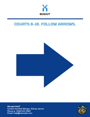 PDF directions template with navy blue header containing logo and location title, large right-pointing arrow icon as main visual element, and branded footer bar with white logo