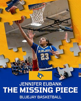 Player spotlight template with puzzle piece design, featuring an action shot on the right, athlete's name and tagline at the bottom, vibrant blue and yellow color scheme.
