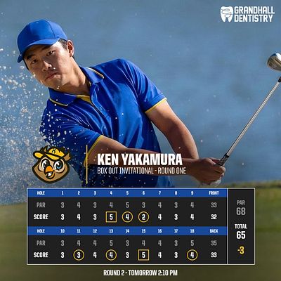 Square golf scorecard template with action photo of golfer on top half, player name and event details as header, and two-round scoring grid below showing hole-by-hole scores with par and totals, navy and green color scheme for social media sharing