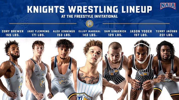 Player spotlight template featuring eight individual wrestler images arranged in a horizontal layout, with names and weights listed underneath each photo, navy and gold color scheme.