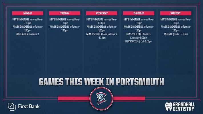 Schedule template with seven vertical columns for each day of the week, featuring game times and events. Dark blue background, prominent title area, and logo placeholders.