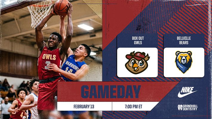 Multi-format gameday template with frosted glass design featuring player action photo on left, team logos and matchup details on right, date and time banner below, and navy-red color scheme. Exports to landscape, square, and story sizes for social media.